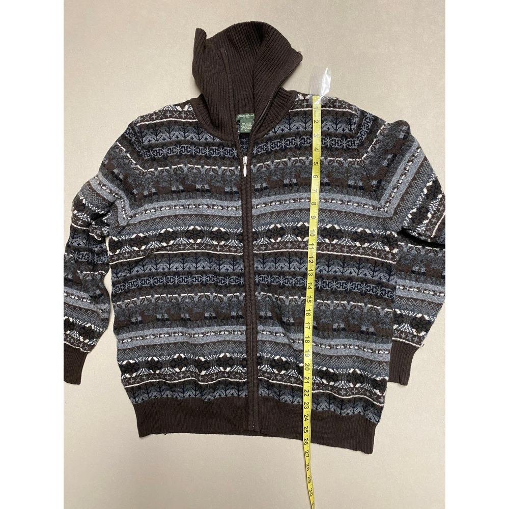 Eddie Bauer Mens XXL Fair Isle Full Zip Cardigan Sweater Brown Lambswool Blend - Picture 8 of 9